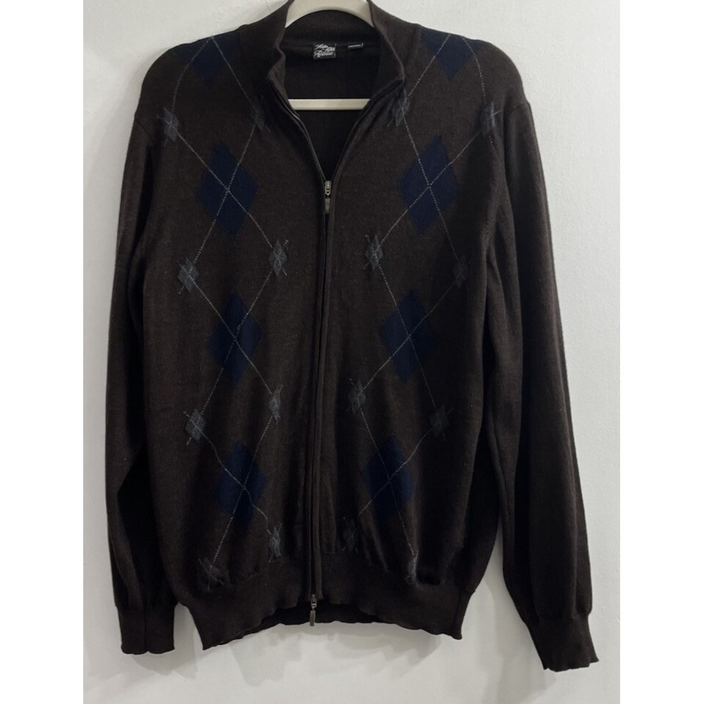 Saks Fifth Avenue Mens M 100% Wool Cardigan Brown Blue Argyle Zip Grandpacore